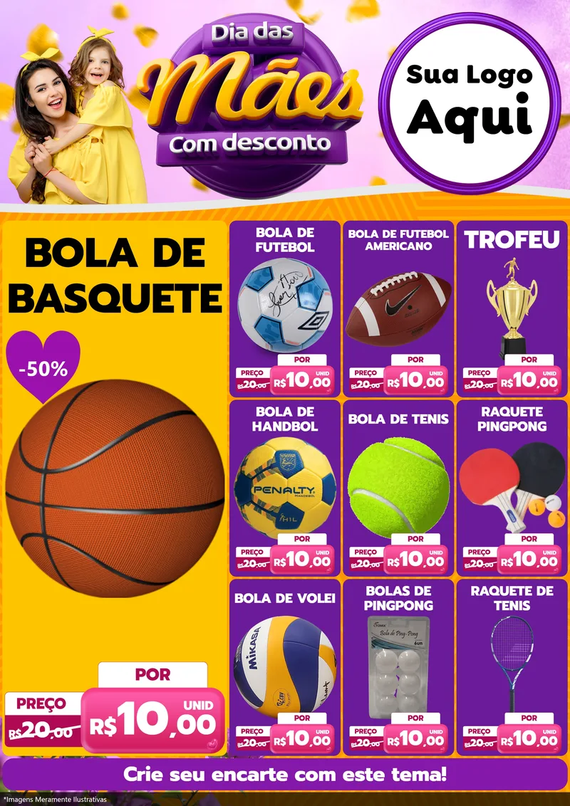 Modelo de Encarte para Encarte A4 Vertical com o tema Dia das Mães com Desconto para Artigos Esportivos