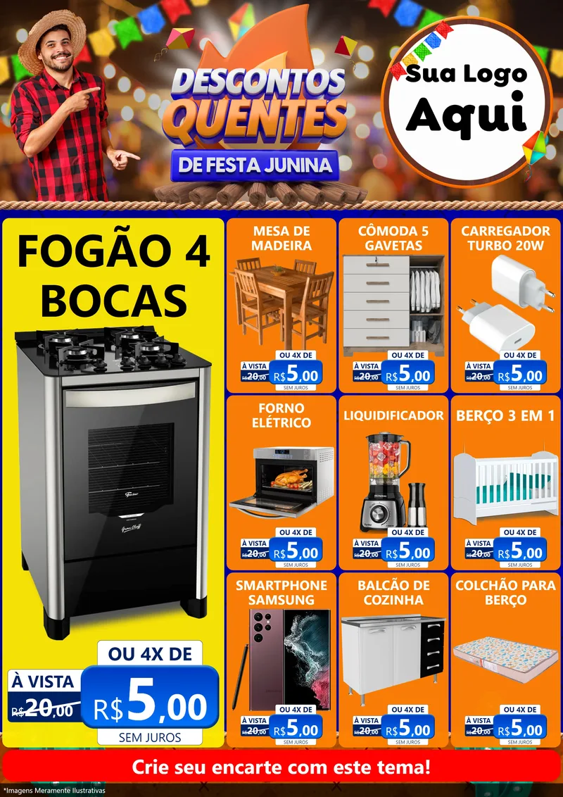 Modelo de Encarte para Encarte A4 Vertical com o tema Descontos Quentes de Festa Junina para Móveis e Eletro