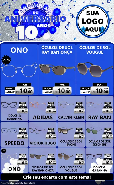 Modelo de Encarte para Encarte Grande com o tema Promoção de Aniversário - 10 Anos para Óticas