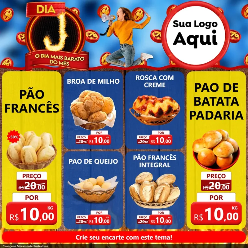 Modelo de Rede Social para Feed Facebook com o tema Dia J - O Dia Mais Barato Do Mês para Padaria
