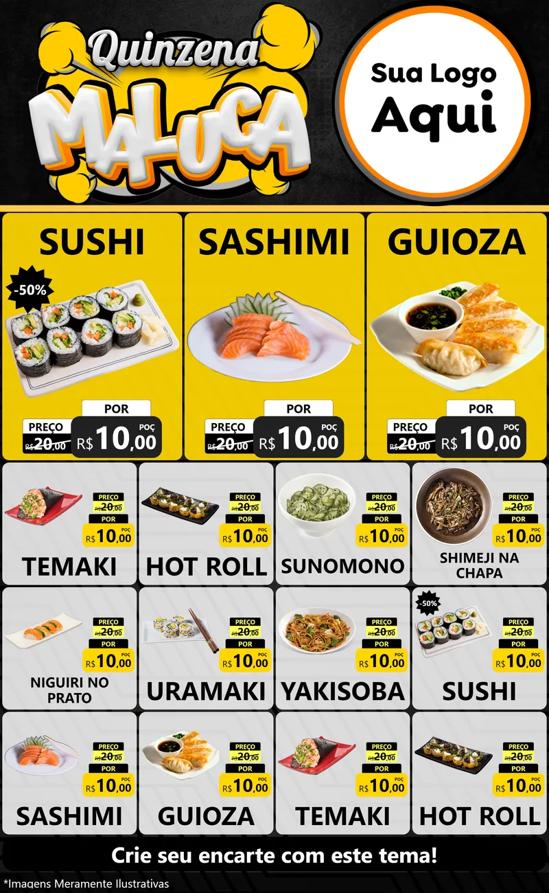 Modelo de Encarte para Encarte Grande com o tema Quinzena Maluca para Comida japonesa