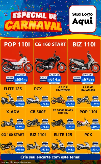 Modelo de Encarte para Encarte Grande com o tema Especial de Carnaval para Concessionaria de Motos