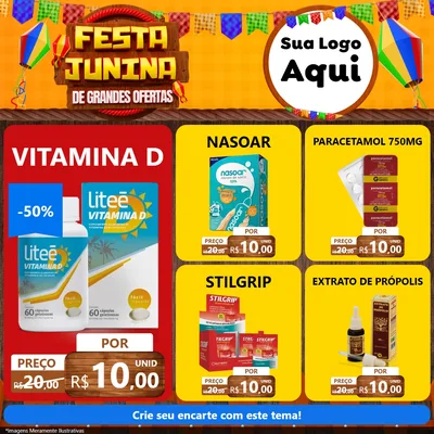 Modelo de Rede Social para Feed Facebook com o tema Festa Junina de Grandes Ofertas para Farmácia