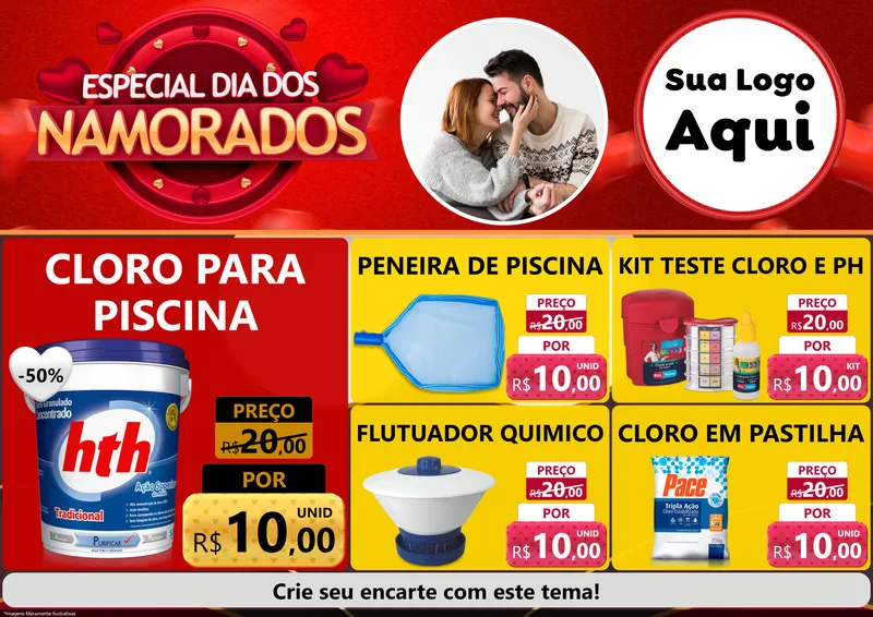 Modelo de Encarte para Encarte A4 Horizontal com o tema Especial Dia Dos Namorados para Produtos para Piscina