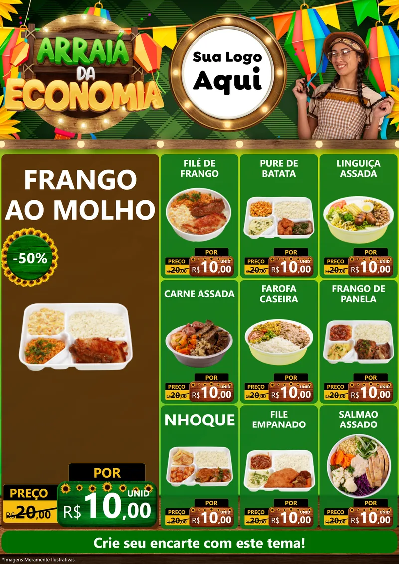 Modelo de Encarte para Encarte A4 Vertical com o tema Arraiá de Economia para Restaurante