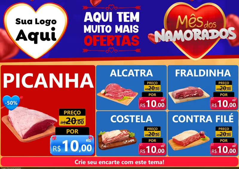 Modelo de Encarte para Encarte A4 Horizontal com o tema Mês dos Namorados para Açougue