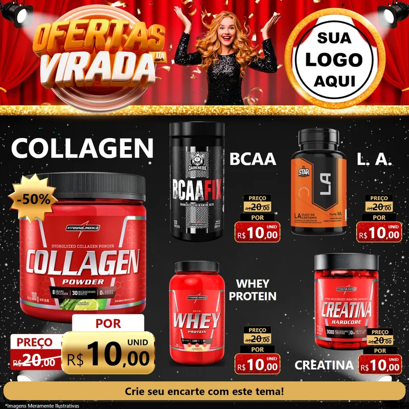Modelo de Rede Social para Feed Facebook com o tema Ofertas da Virada para Suplementos alimentares