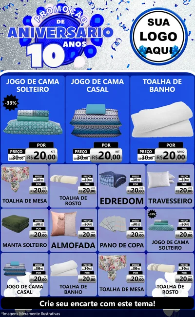 Modelo de Encarte para Encarte Grande com o tema Promoção de Aniversário - 10 Anos para Cama, Mesa e Banho
