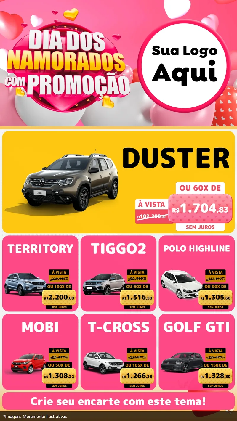 Modelo de Rede Social para Stories com o tema Dia dos Namorados com Promoção para Concessionaria de Carros