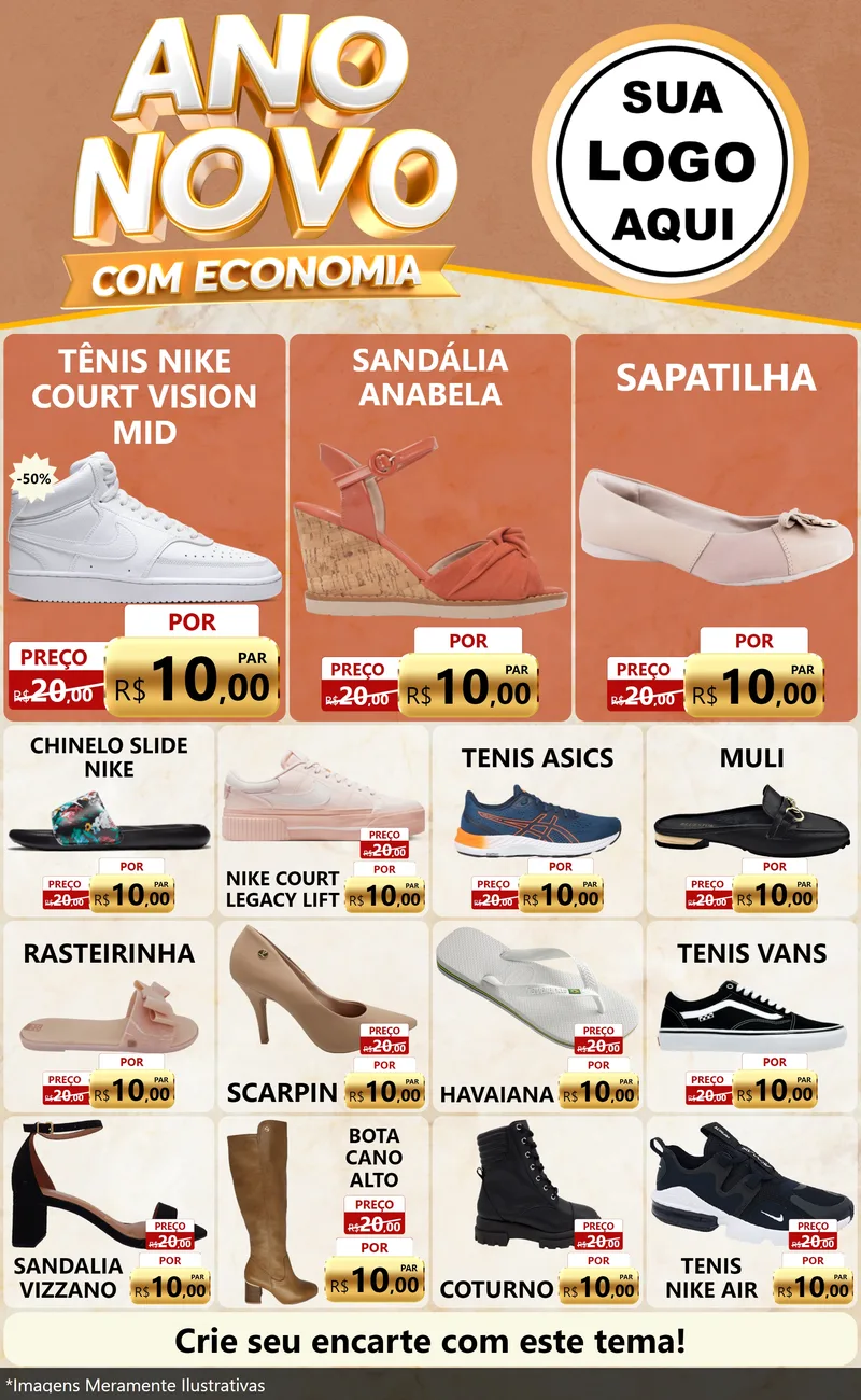 Modelo de Encarte para Encarte Grande com o tema Ano Novo Com Economia para Calçados