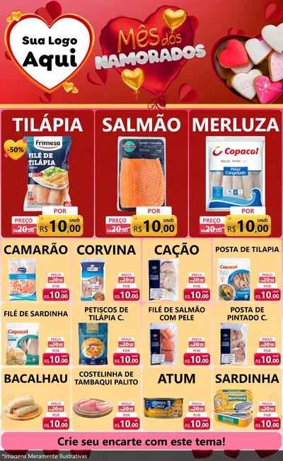 Modelo de Encarte para Encarte Grande com o tema Mês dos Namorados para Peixaria