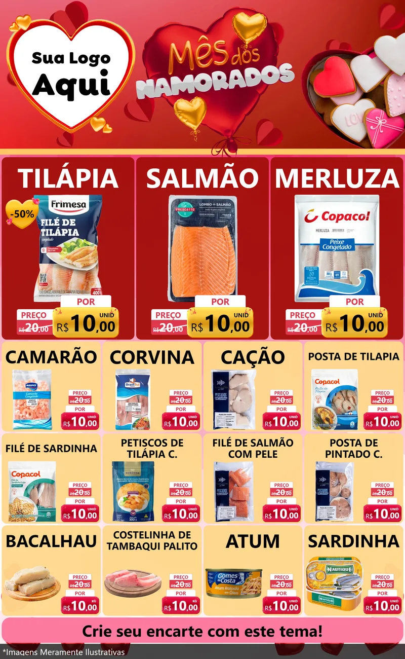 Modelo de Encarte para Encarte Grande com o tema Mês dos Namorados para Peixaria