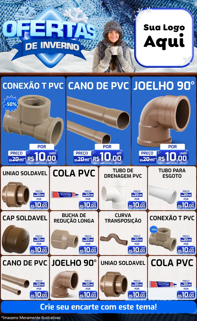 Modelo de Encarte para Encarte Grande com o tema Ofertas de Inverno para Tubos e conexões