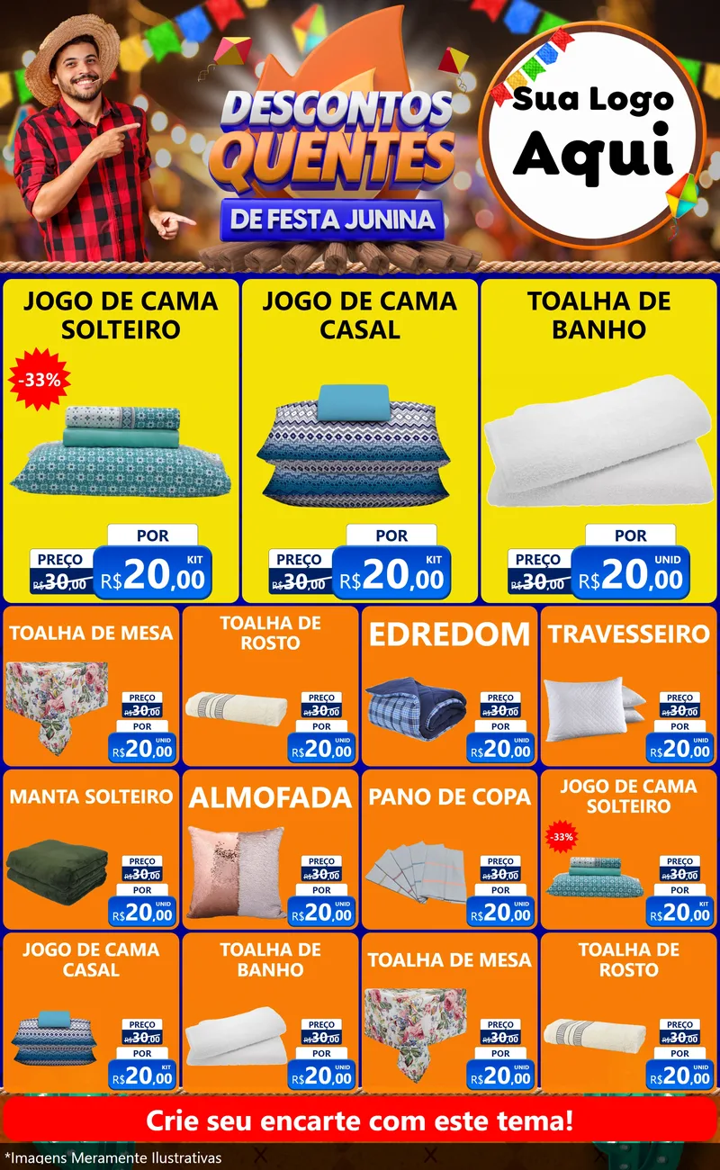 Modelo de Encarte para Encarte Grande com o tema Descontos Quentes de Festa Junina para Cama, Mesa e Banho