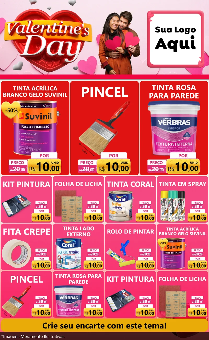 Modelo de Encarte para Encarte Grande com o tema Valentine's Day para Tintas e Ferramentas