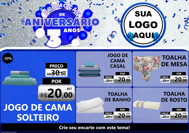 Modelo de Encarte para Encarte A4 Horizontal com o tema Promoção de Aniversário - 3 Anos para Cama, Mesa e Banho