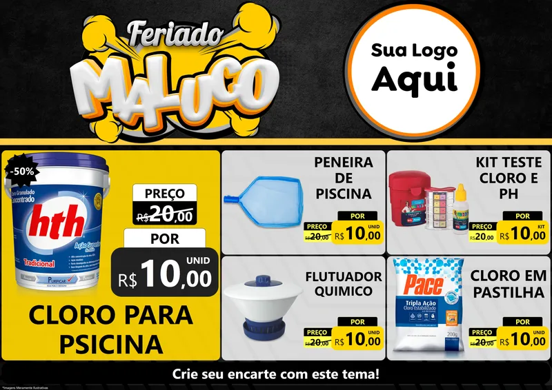 Modelo de Encarte para Encarte A4 Horizontal com o tema Feriado Maluco para Produtos para Piscina