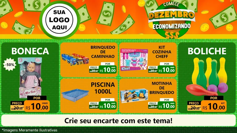 Modelo de TV para TV Horizontal com o tema Comece Dezembro Economizando para Brinquedos