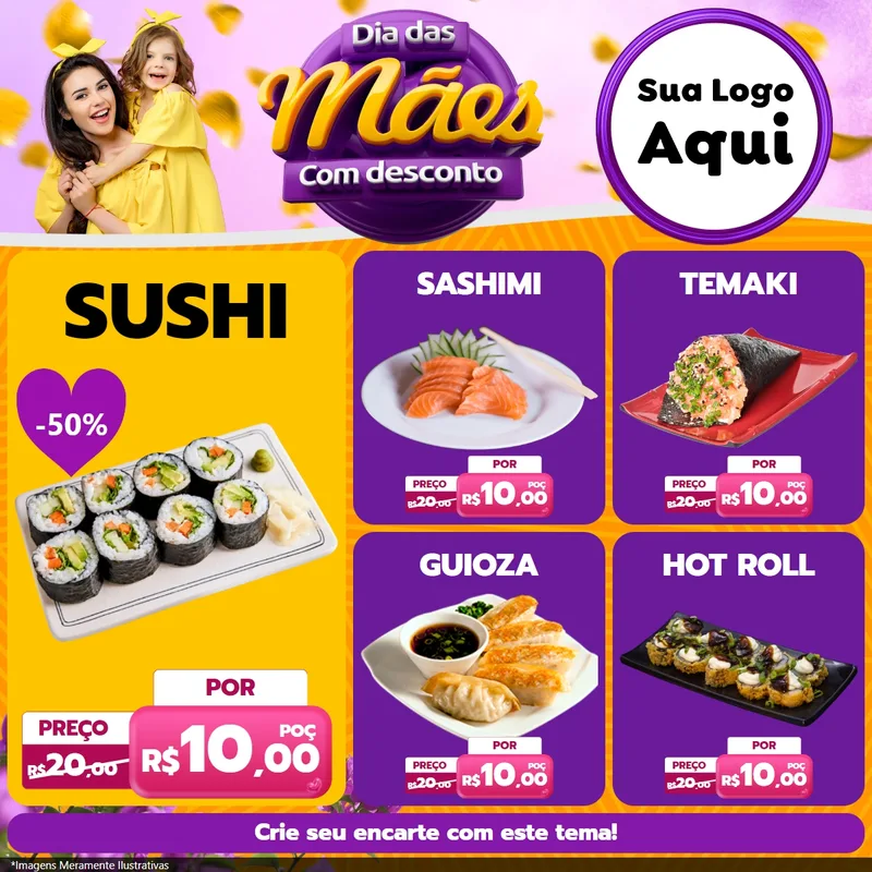 Modelo de Rede Social para Feed Facebook com o tema Dia das Mães com Desconto para Comida japonesa