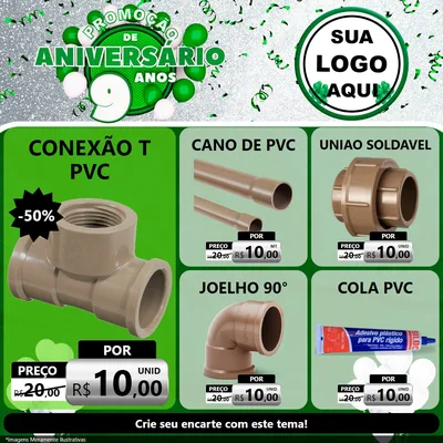 Modelo de Rede Social para Feed Facebook com o tema Promoção de Aniversário - 9 Anos para Tubos e conexões