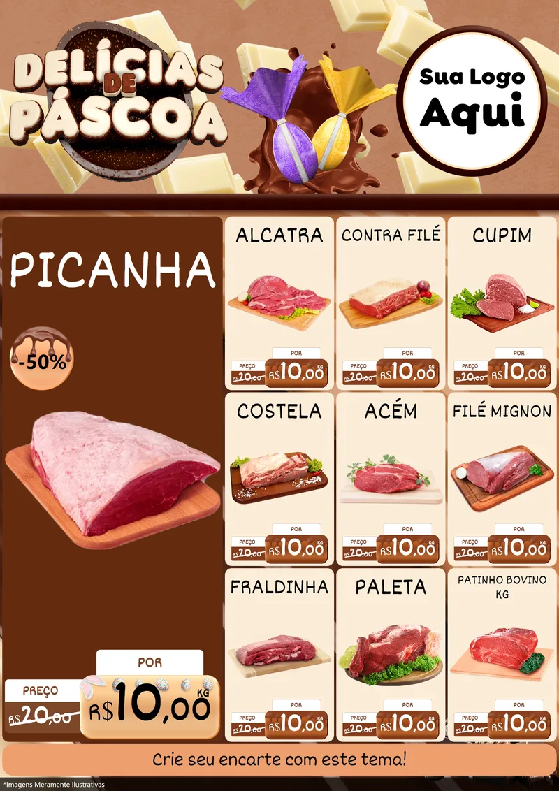 Modelo de Encarte para Encarte A4 Vertical com o tema Delícias de Páscoa para Açougue