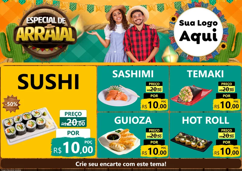 Modelo de Encarte para Encarte A4 Horizontal com o tema Especial De Arraial para Comida japonesa