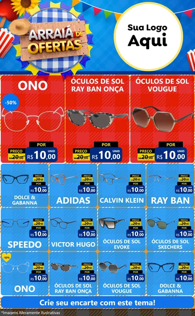 Modelo de Encarte para Encarte Grande com o tema Arraiá de Ofertas para Óticas
