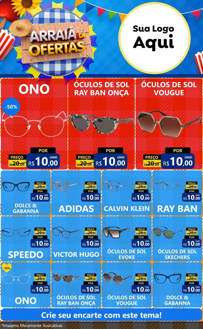 Modelo de Encarte para Encarte Grande com o tema Arraiá de Ofertas para Óticas