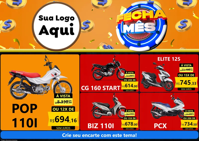 Modelo de Encarte para Encarte A4 Horizontal com o tema Fecha Mês para Concessionaria de Motos