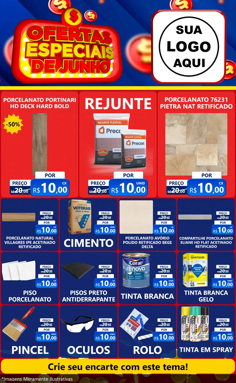Modelo de Encarte para Encarte Grande com o tema Ofertas Especiais de Junho para Pisos e revestimentos