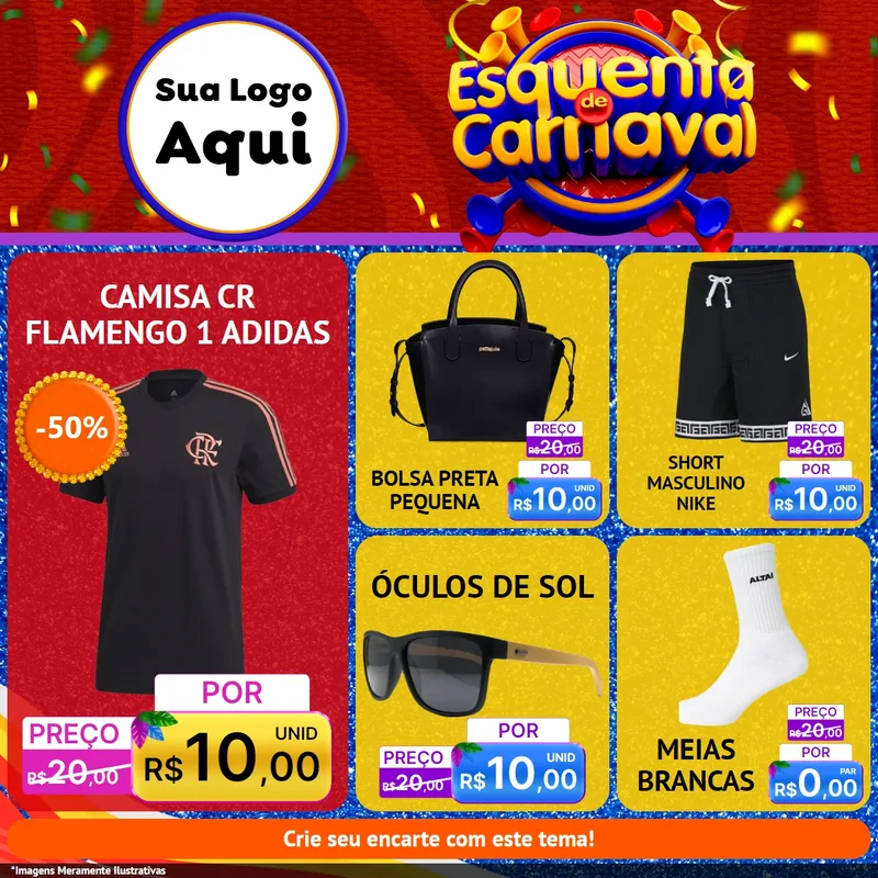 Modelo de Rede Social para Feed Facebook com o tema Esquenta de Carnaval para Roupas e acessórios