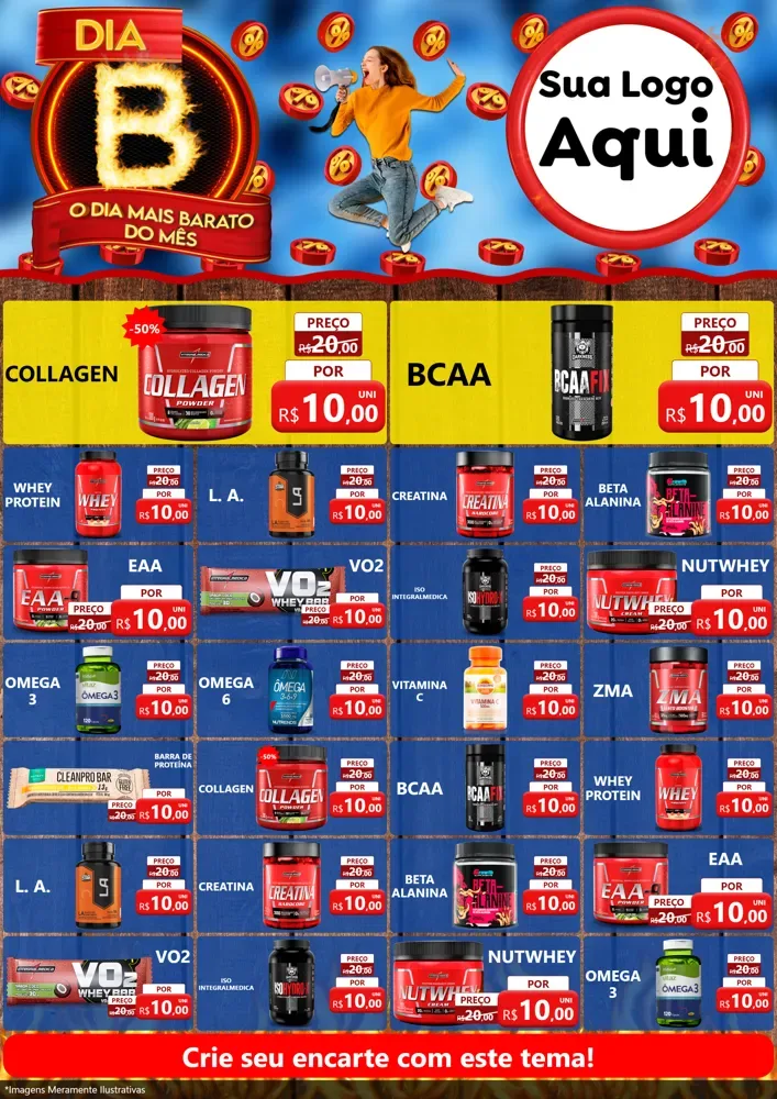 Modelo de Encarte para Encarte A4 Vertical com o tema Dia B - O Dia Mais Barato Do Mês para Suplementos alimentares