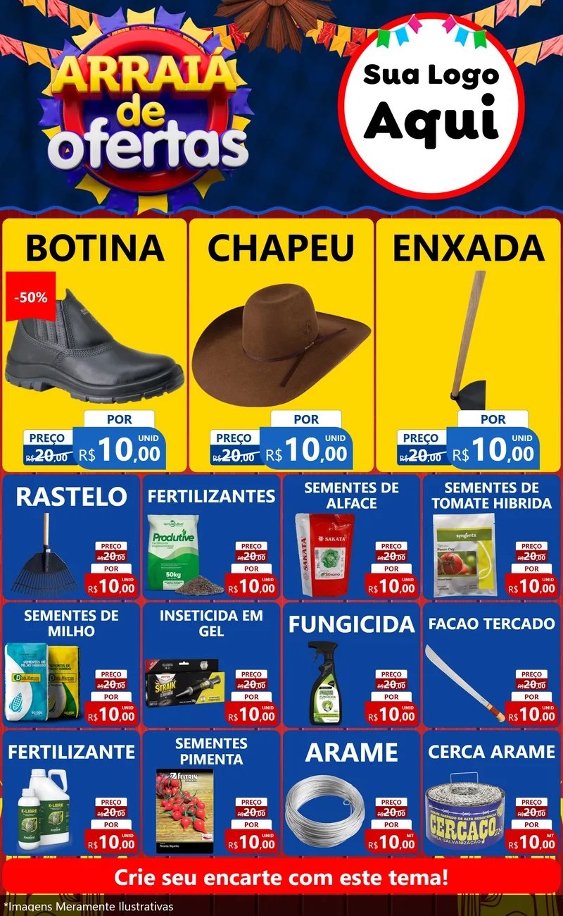 Modelo de Encarte para Encarte Grande com o tema Arraiá de Ofertas para Agropecuária