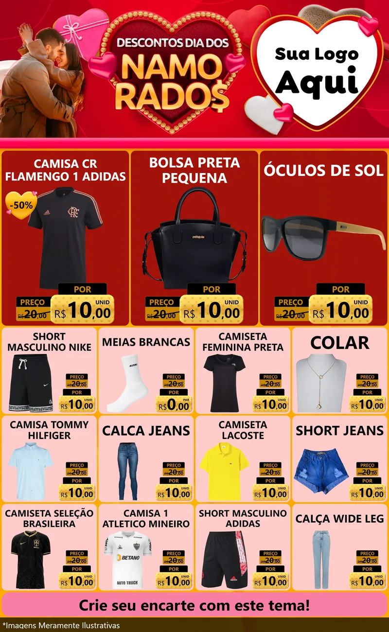 Modelo de Encarte para Encarte Grande com o tema Descontos Dia dos Namorados para Roupas e acessórios
