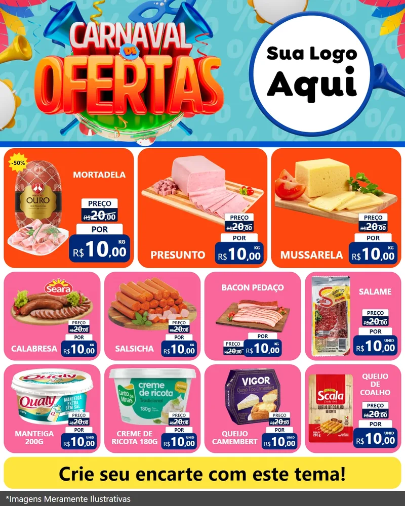 Modelo de Rede Social para Feed Instagram com o tema Carnaval de Ofertas para Frios e Laticínios