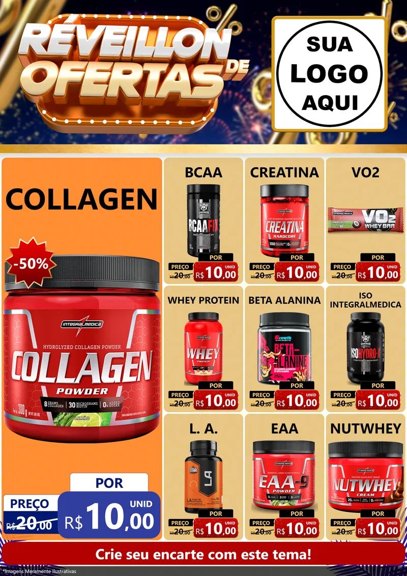 Modelo de Encarte para Encarte A4 Vertical com o tema Réveillon de Ofertas para Suplementos alimentares