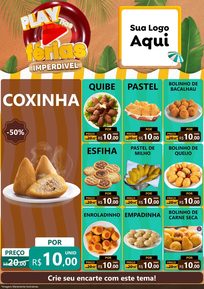 Modelo de Encarte para Encarte A4 Vertical com o tema Play Nas Férias Imperdível para Salgadaria
