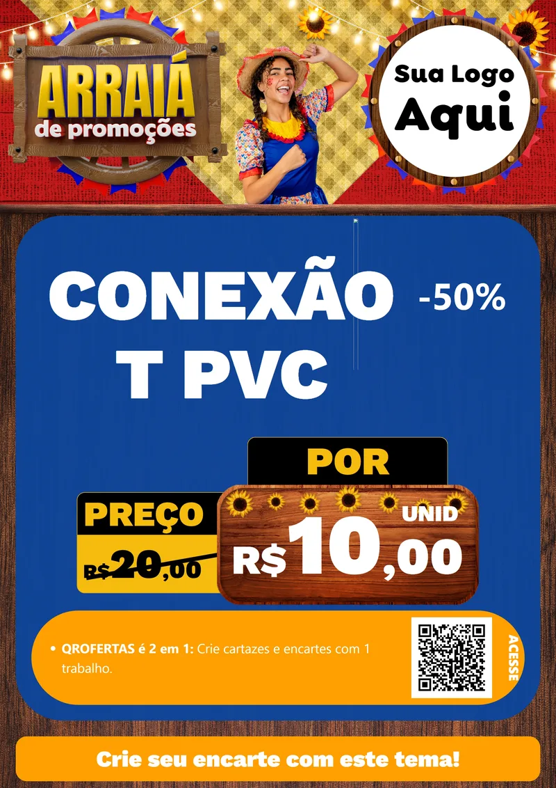 Modelo de Cartaz para Cartaz A4 Vertical com o tema Arraiá de Promoções para Tubos e conexões