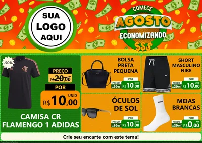 Modelo de Encarte para Encarte A4 Horizontal com o tema Comece Agosto Economizando para Roupas e acessórios