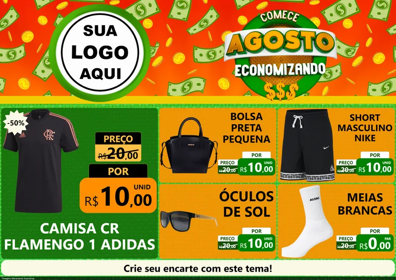Modelo de Encarte para Encarte A4 Horizontal com o tema Comece Agosto Economizando para Roupas e acessórios