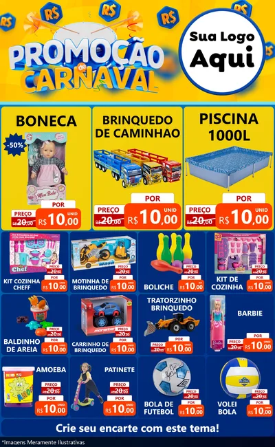 Modelo de Encarte para Encarte Grande com o tema Promoção de Carnaval para Brinquedos
