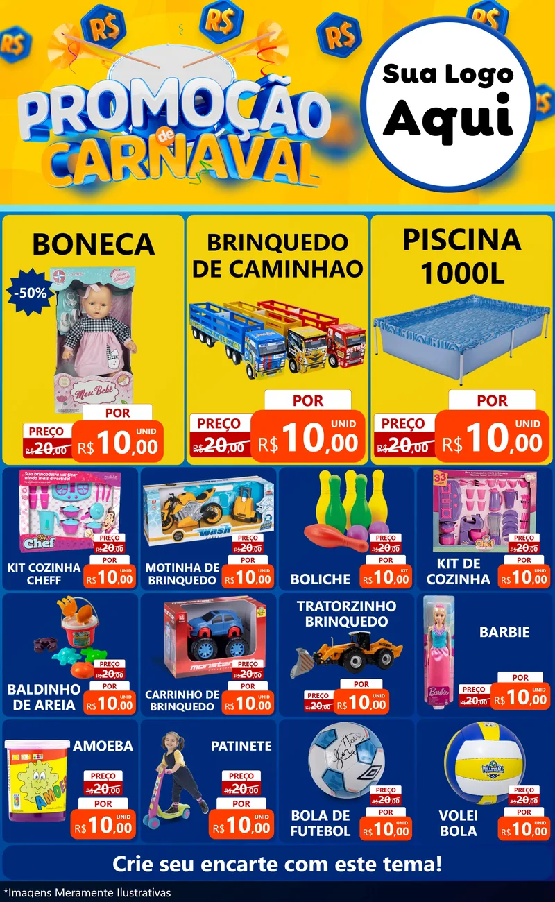 Modelo de Encarte para Encarte Grande com o tema Promoção de Carnaval para Brinquedos