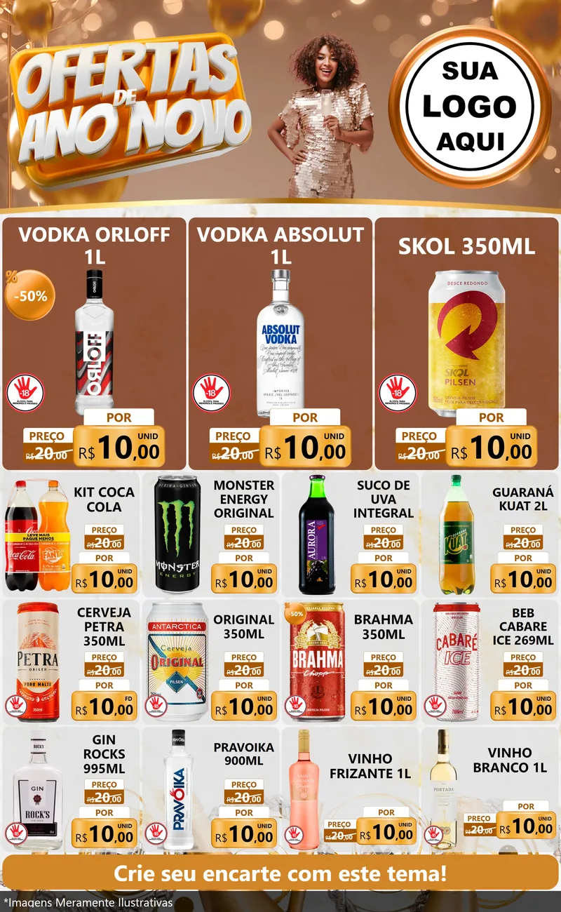 Modelo de Encarte para Encarte Grande com o tema Ofertas de Ano Novo para Distribuidora de bebidas