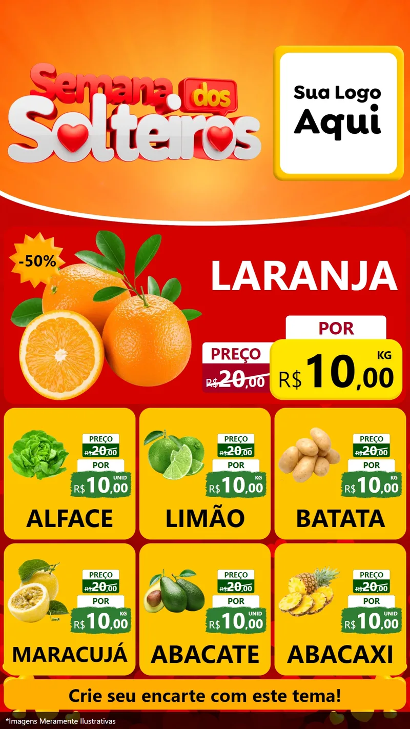 Modelo de Rede Social para Stories com o tema Semana dos Solteiros para Hortifrúti