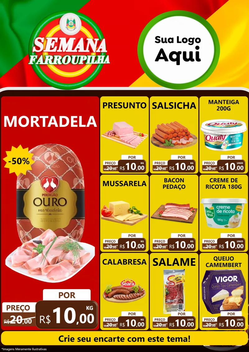 Modelo de Encarte para Encarte A4 Vertical com o tema Semana Farroupilha para Frios e Laticínios