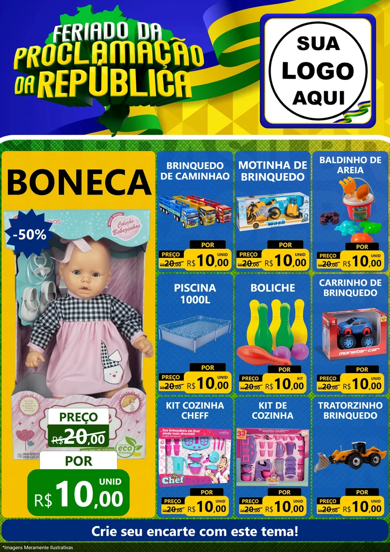 Modelo de Encarte para Encarte A4 Vertical com o tema Feriado da Proclamação da República para Brinquedos
