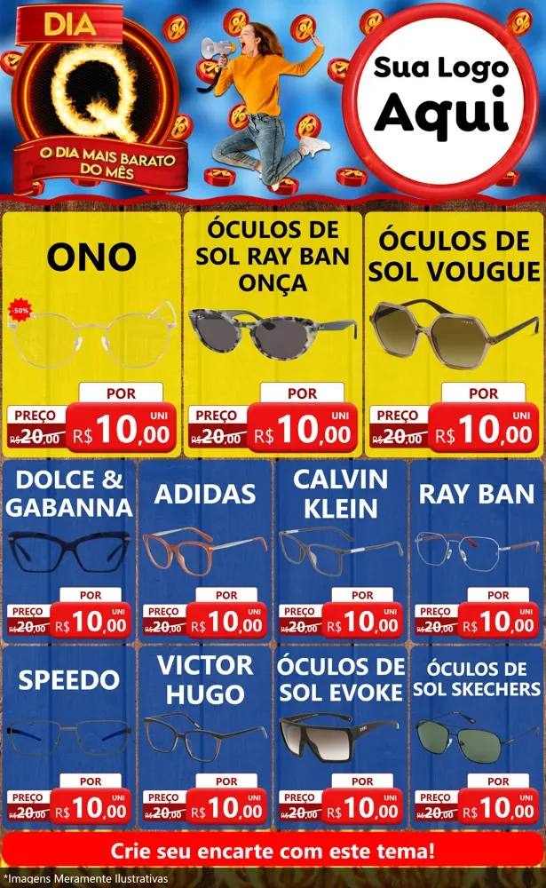 Modelo de Encarte para Encarte Grande com o tema Dia Q - O Dia Mais Barato Do Mês para Óticas