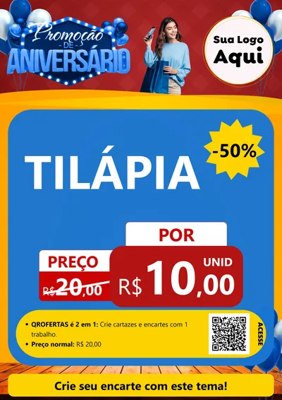 Modelo de Cartaz para Cartaz A4 Vertical com o tema Promoção de Aniversário para Peixaria