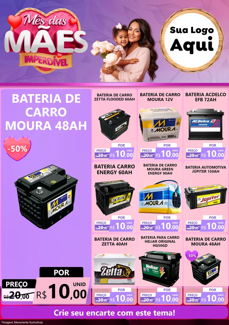 Modelo de Encarte para Encarte A4 Vertical com o tema Mês das Mães Imperdível para Baterias Elétricas