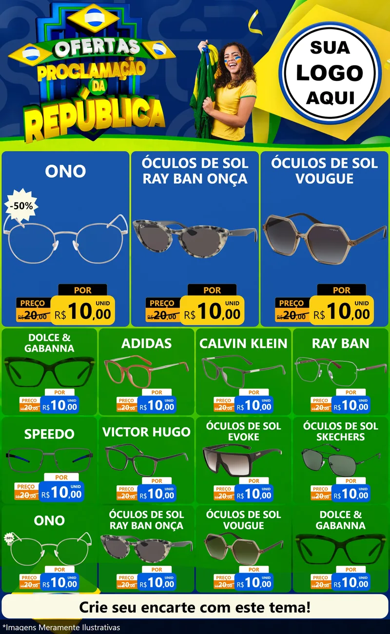 Modelo de Encarte para Encarte Grande com o tema Ofertas Proclamação da República para Óticas
